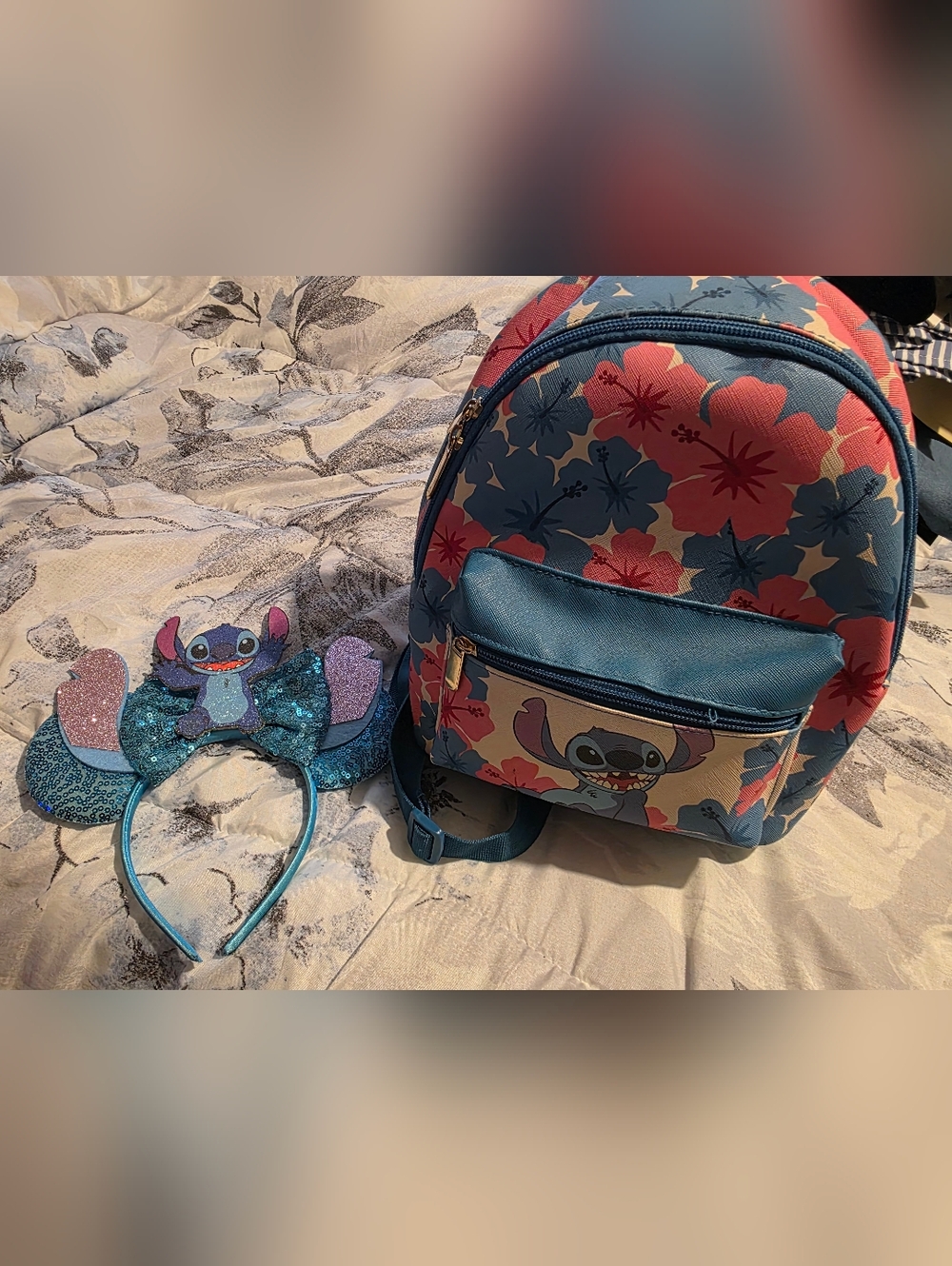 Floral Stitch Mini Backpack in Blue and Pink And Matching Ears